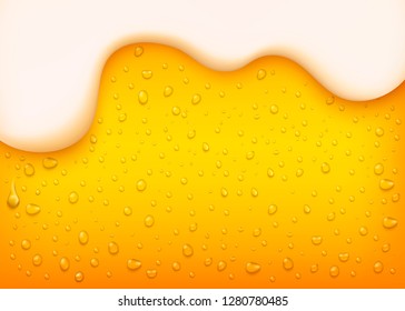 vector lager beer background. Yellow beverage with water bubbles and white thick foam. Alcohol refreshing drink backdrop for brewery packaging design.