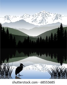 vector lake with a heron in mountains