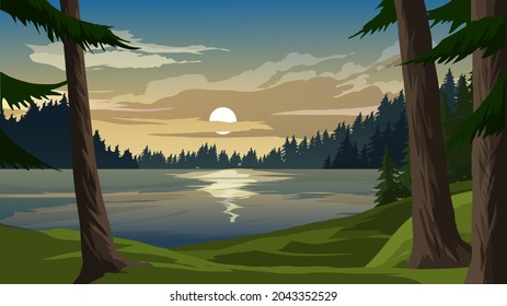 Vector lake landscape with pine forest. Sunset in lake