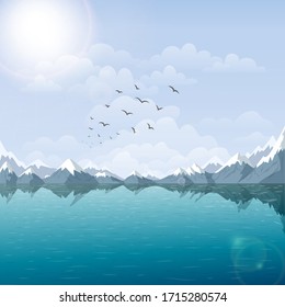vector lake and mountain landscape illustration. beautiful nature background with riverside, and snow peaks view at summer sunny day. Rocks water and blue sky. tranquil outdoor scene with flying birds