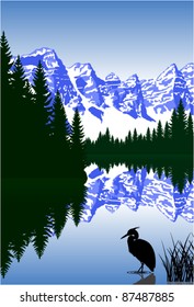 vector lake in mountains with heron