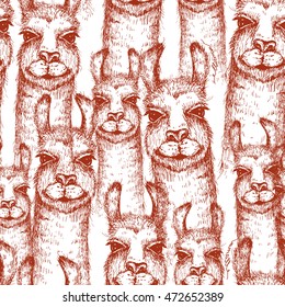 Vector lama heads seamless pattern. Llama or alpaca hand drawn ink sketch. Cute mammal animal drawing