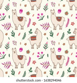 Vector lama/alpaca, floral seamless pattern. llama, leaves, flowers hand drawn elements seamless pattern design template, suitable for fabric, textile, wallpaper, decoration