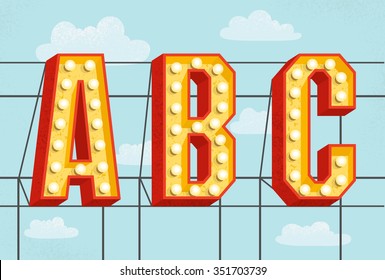 Vector lamp alphabet. Letters A, B, C. Vintage lamp font with texture