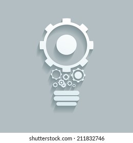 Vector lamp bulb icon with gears on grey background