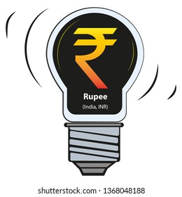 Vector lamp with currency sign - Rupee (India, INR) , vector currency symbol sign isolated over white background, world currencies with names and codes big collection in my profil