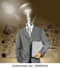 Vector lamp head business man in suit with laptop in his hands