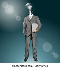Vector lamp head business man in suit with laptop in his hands