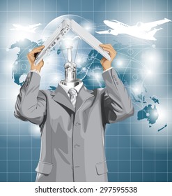 Vector lamp head business man travel, hides under the laptop in his hands
