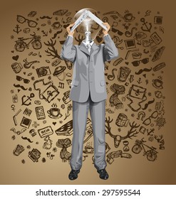 Vector lamp head business man hides under the laptop in his hands