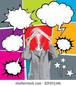 Vector lamp head business man hides under the laptop in his hands with speech bubbles