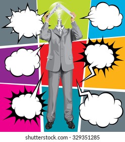 Vector lamp head business man hides under the laptop in his hands with speech bubbles