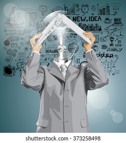 Vector lamp head business man hides under the laptop in his hands