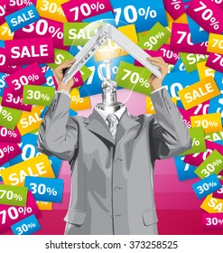 Vector lamp head business man on sale hides under the laptop in his hands
