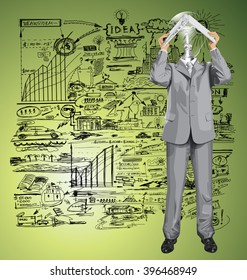 Vector lamp head business man hides under the laptop in his hands