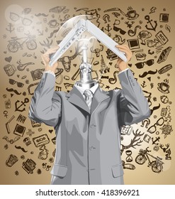 Vector lamp head business man hides under the laptop in his hands