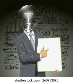 Vector lamp head businessman holding empty write board in his hands