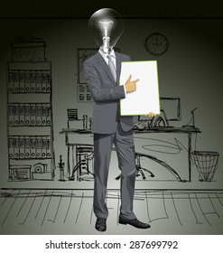 Vector lamp head businessman holding empty write board in his hands