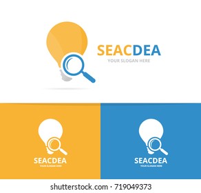 Vector lamp and loupe logo combination. Lightbulb and magnifying symbol or icon. Unique idea and search logotype design template.