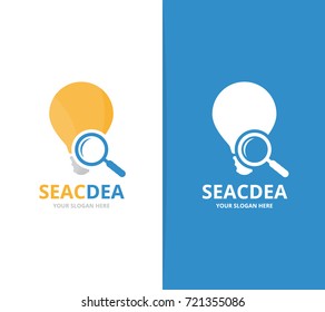 Vector lamp and loupe logo combination. Lightbulb and magnifying symbol or icon. Unique idea and search logotype design template.