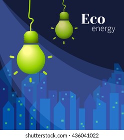 Vector lamp on dark blue city background. Eco energy. Vector illustration for the cover, or books. Eco-friendly energy. The conservation of energy.