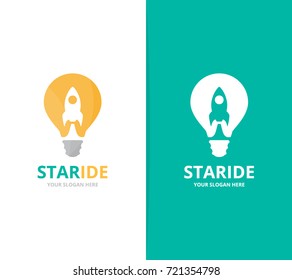 Vector lamp and rocket logo combination. Lightbulb and airplane symbol or icon. Unique idea and flight logotype design template.