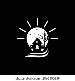 Silhouette einer Vektorlampe mit einem Haus und Baumzweigen
