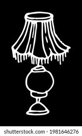 Vector lamp under a lampshade with a fringe. Vector insulated table lamp with a pattern of lines and fringes drawn in a doodle style with a white line on a black background for label design template