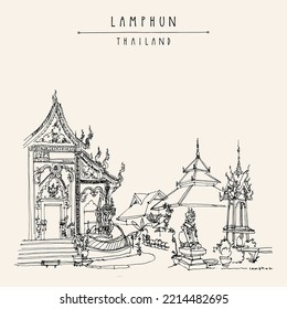 Vector Lamphun, Thailand Postcard. Wat Mahawan Woramahawihan, old Buddhist temple. Royal monastery over 1,300 years old built by Queen Chamadevi. Hand drawn vintage touristic postcard