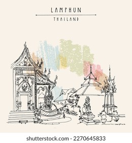 Vector Lamphun, Thailand Postcard. Wat Mahawan Woramahawihan, old Buddhist temple. Royal monastery over 1,300 years old built by Queen Chamadevi. Hand drawn vintage touristic postcard