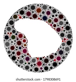 Vector Lanai Island map collage of covid-2019 virus. Infection attacks the quarantine territory from external zone. Hole circle Lanai Island map collage designed with infection icons.
