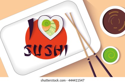 Vector of land in the form of heart on a plate stylized Japan flag with the words "I love sushi"