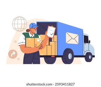 Vector land parcel delivery sign. Truck and cargo cardboard boxes. Ground shipping symbol and express courier services clipart. Logistics transportation. Freight distribution and package handling.