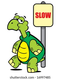 Vector Land Turtle In Front Of Slow Sign