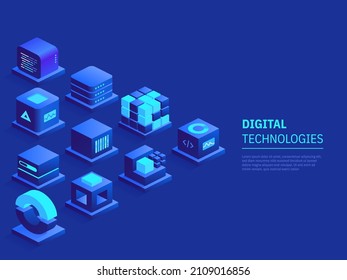 Vector landing page of abstract digital technologies concept. Isometric hi-tech cubes design with text place. Online communication, programming and blockchain. Illustration of advertising web banner