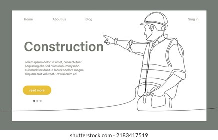 Vector Landing Page Of Architecture Works With Protective Face Masks For Safety In Machine Industrial Factory. Continuous One Line Drawing For Your Minimal Design