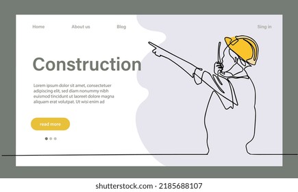 Vector landing page of architecture works with protective face masks for safety in machine industrial factory. Continuous one line drawing for your minimal design