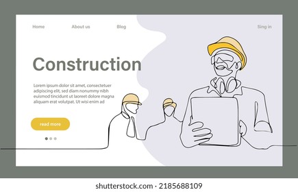 Vector landing page of architecture works with protective face masks for safety in machine industrial factory. Continuous one line drawing for your minimal design