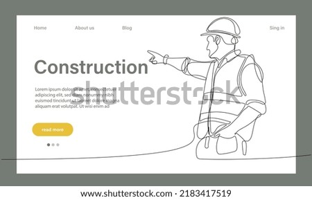 Vector landing page of architecture works with protective face masks for safety in machine industrial factory. Continuous one line drawing for your minimal design Foto stock © 