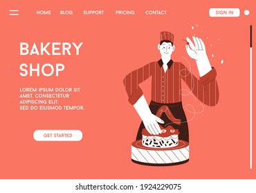 Vector landing page of Bakery Shop concept. Professional pastry chef decorating cake of dessert cherry. Male baker making sweets and desserts. Character illustration of advertising banner design