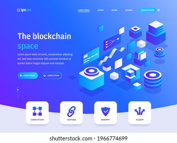 Vector landing page of the blockchain space isometric concept. Cryptocurrency exchange, digital money currency, protection, financial tools. Illustration of advertising banner in isometry design