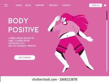 Vector landing page of Body Positive concept. Happy plus size woman in relaxed pose. Plump young girl loves her curvy body and accepts herself. Vector character illustration of advertising banner