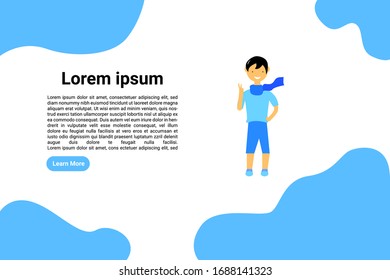 Vector landing page of a boy wearing a scarf. blue background