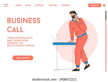 Vector landing page of Business Call concept. Businessman consulting client by smartphone. Employee or freelancer works in office or remotely from home. Character illustration of advertising banner