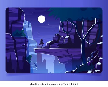 Vector landing page with cartoon fantastic landscape of rocky mountains