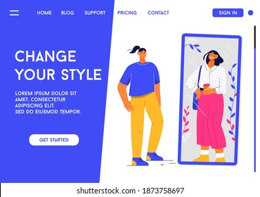 Vector landing page of Change Your Style concept. Woman changing clothes standing in front of mirror in dressing room. Apparel for home and work. Vector character illustration of advertising banner