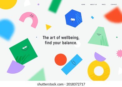 Vector landing page with character geometric figures on white background. Cute cartoon characters, colorful various figures with textures and blur elements. Poster design template.