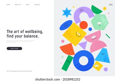 Vector landing page with character geometric figures on white background. Cute cartoon characters, colorful various figures with textures and blur elements. Poster design template.