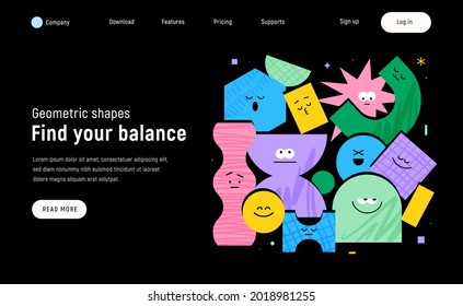 Vector landing page with character geometric figures on black background. Cute cartoon characters, colorful various figures with textures. Poster design template.