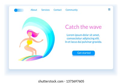 Vector landing Page concept with young Surfer Girl who conquers wave in ocean. In modern gradient style for travel or active, sports recreation. Website. Vector Illustration.